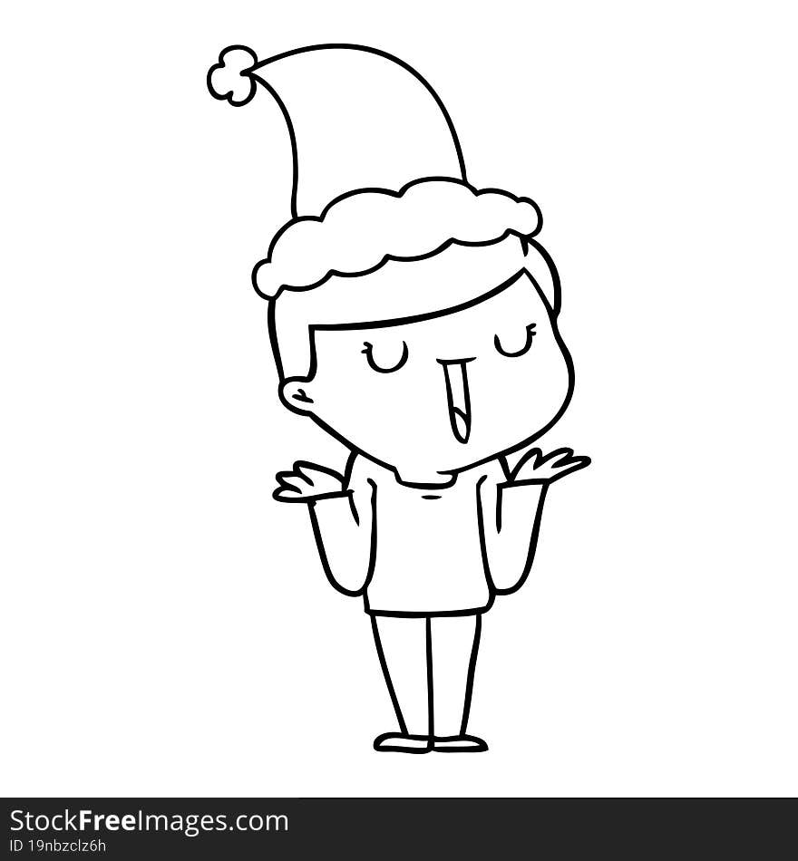 hand drawn line drawing of a happy boy with no worries wearing santa hat