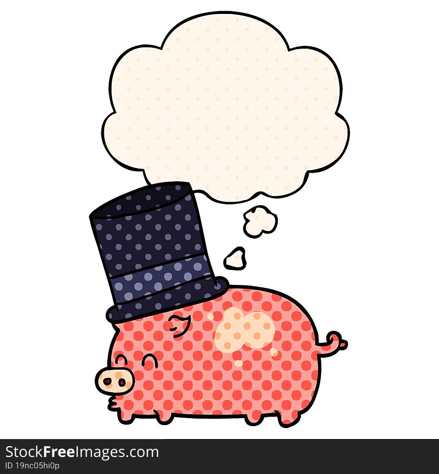 cartoon pig wearing top hat and thought bubble in comic book style