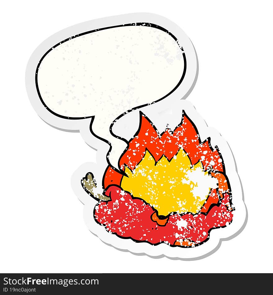 cartoon hot chili pepper with speech bubble distressed distressed old sticker. cartoon hot chili pepper with speech bubble distressed distressed old sticker