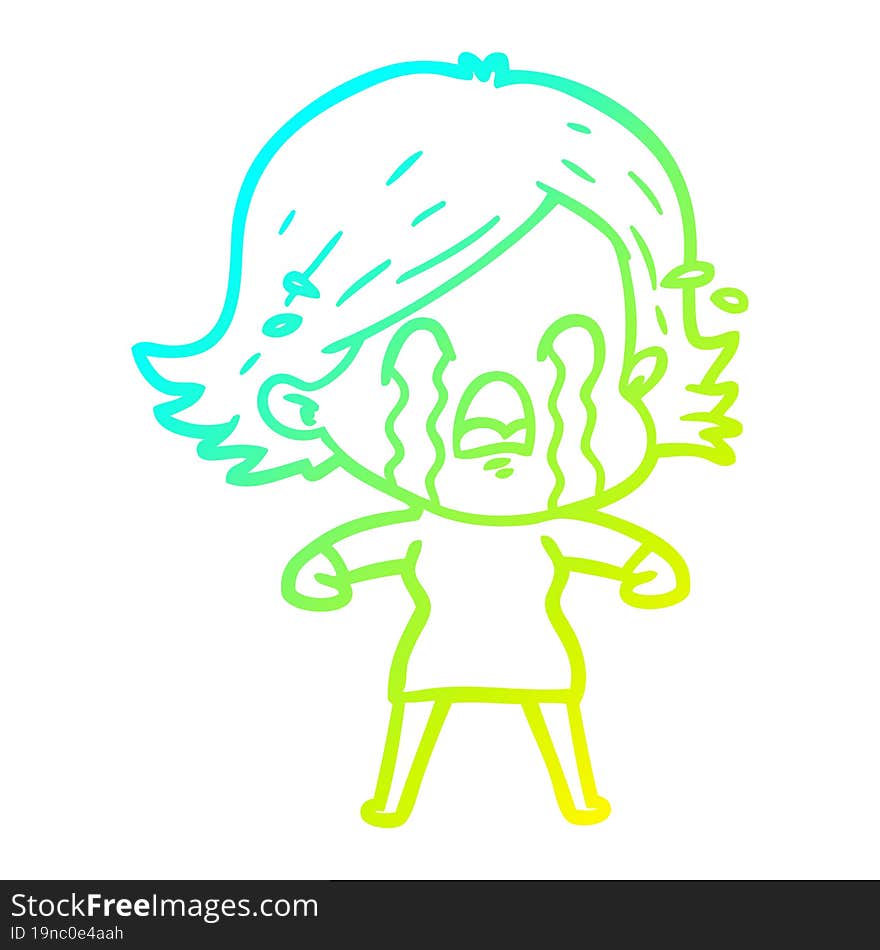 cold gradient line drawing of a cartoon woman crying