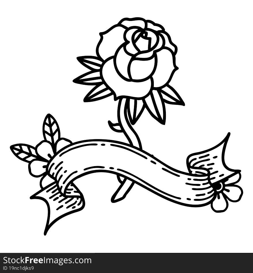 traditional black linework tattoo with banner of a rose