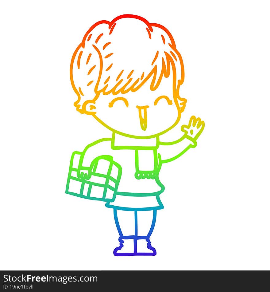 rainbow gradient line drawing of a cartoon laughing woman