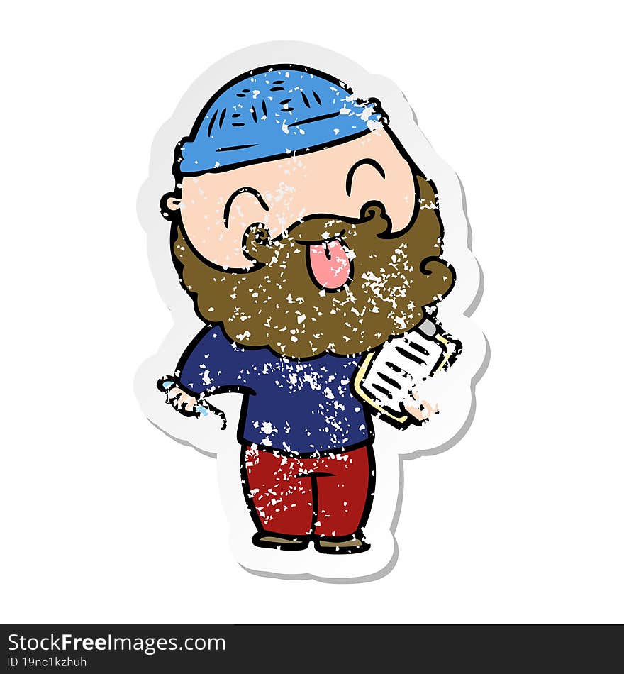 distressed sticker of a man with beard sticking out tongue