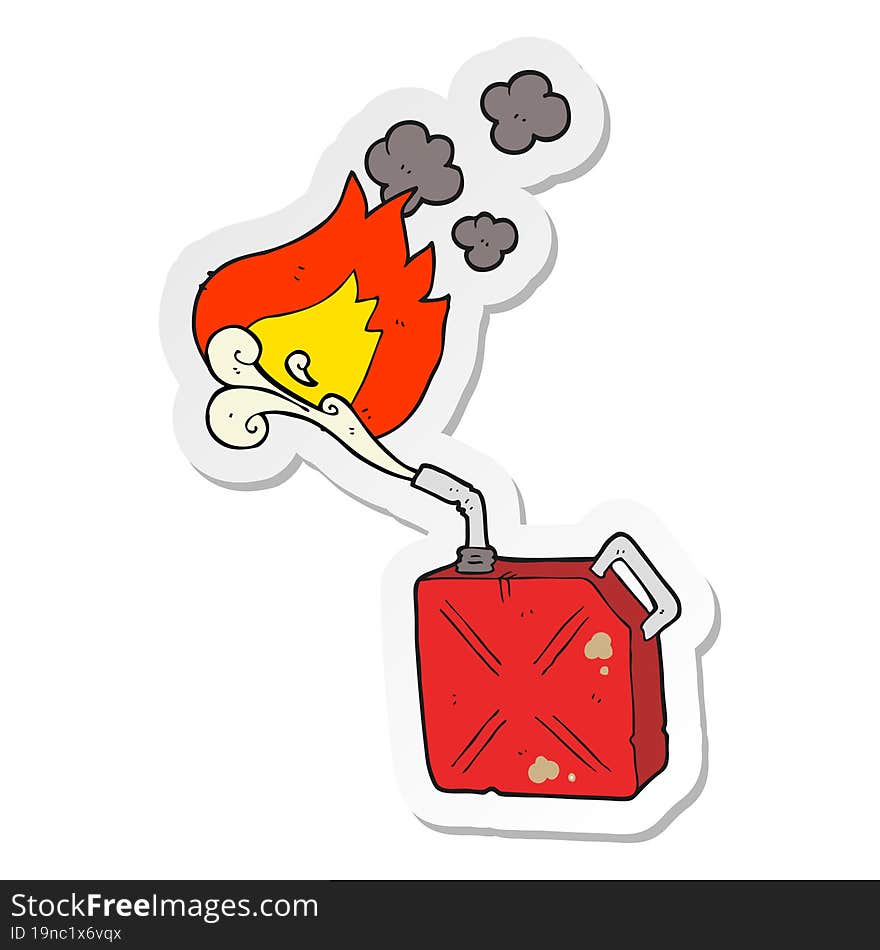 Sticker Of A Cartoon Fuel Can With Burning Fuel Spray