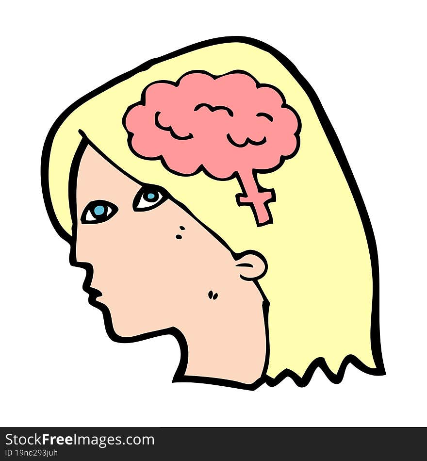 cartoon female head with brain symbol