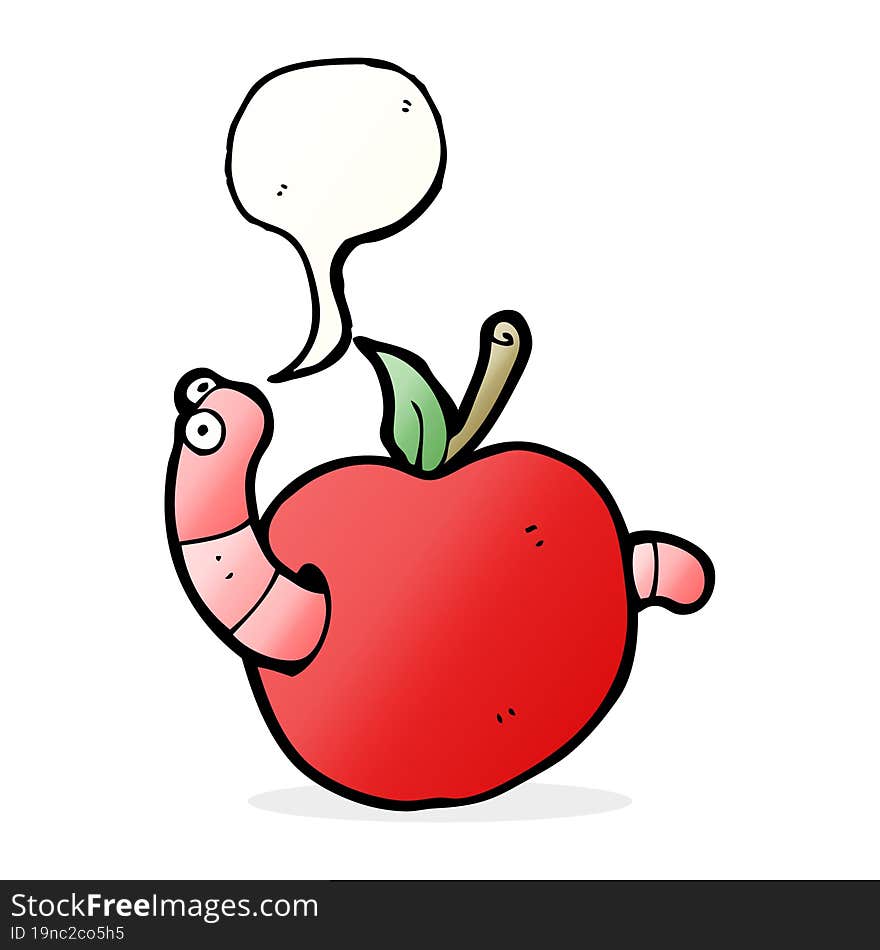 cartoon worm in apple with speech bubble