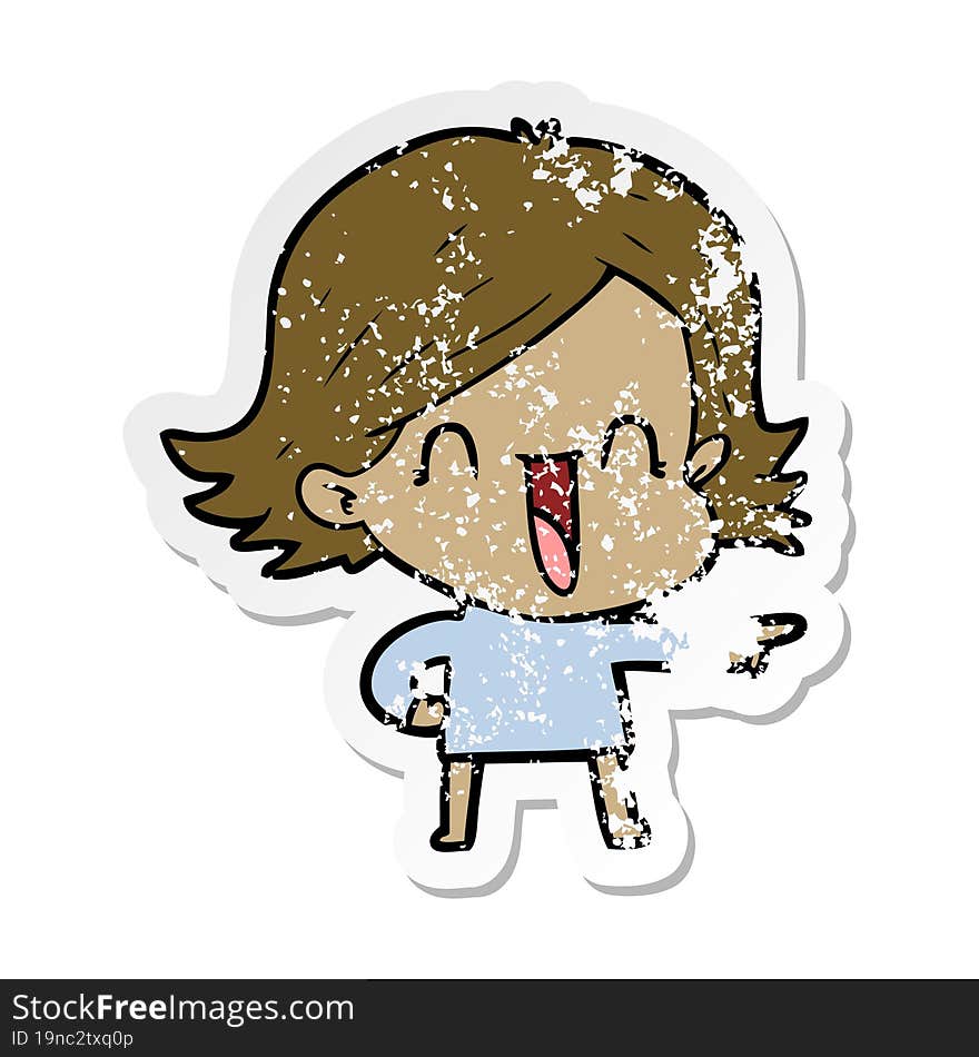 distressed sticker of a cartoon laughing woman