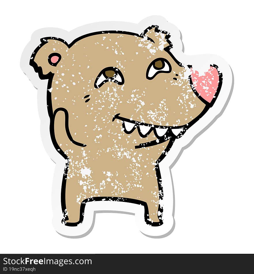 distressed sticker of a cartoon bear showing teeth