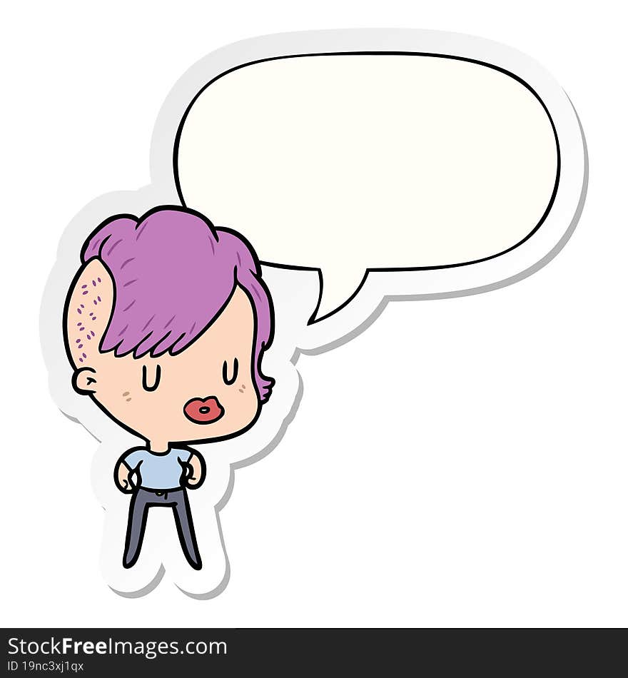 cartoon girl with punk hipster haircut with speech bubble sticker. cartoon girl with punk hipster haircut with speech bubble sticker