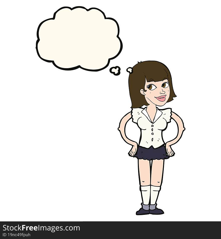 cartoon woman with hands on hips with thought bubble