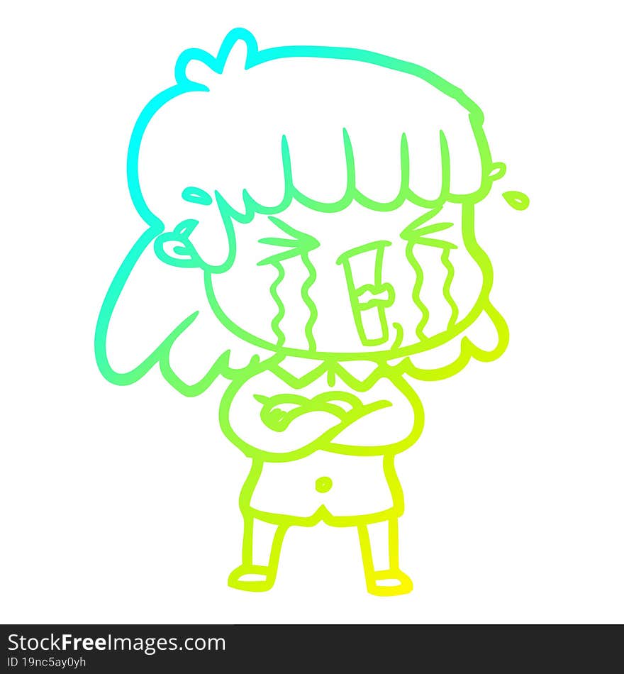 Cold Gradient Line Drawing Cartoon Woman In Tears