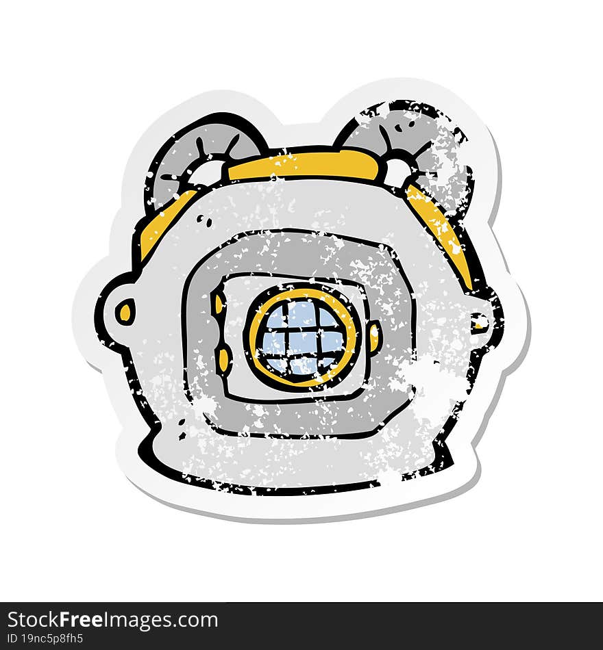 Retro Distressed Sticker Of A Cartoon Old Deep Sea Diver Helmet