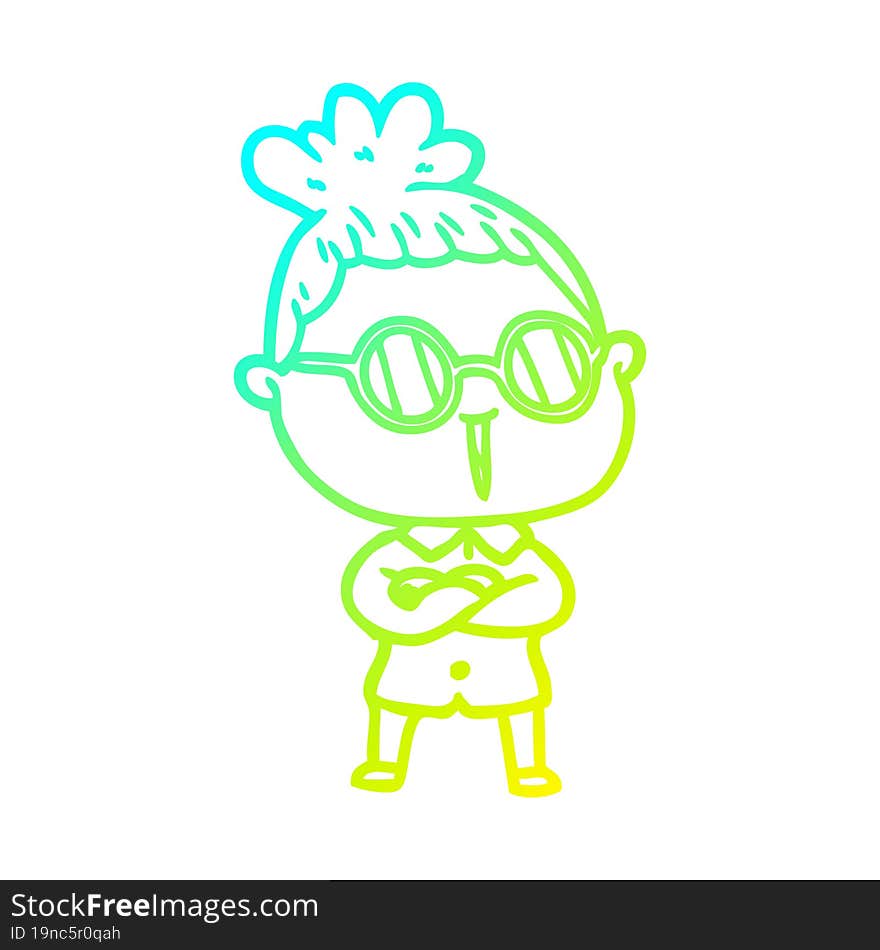 cold gradient line drawing of a cartoon woman wearing spectacles