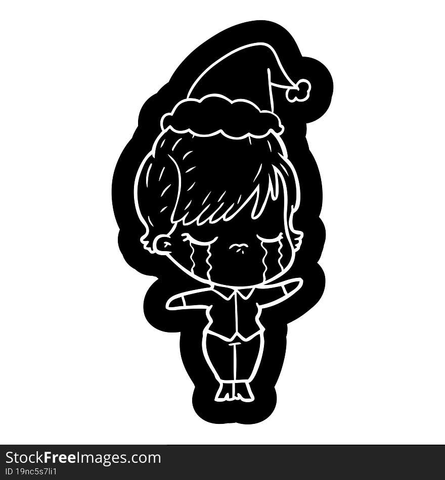 cartoon icon of a woman crying wearing santa hat