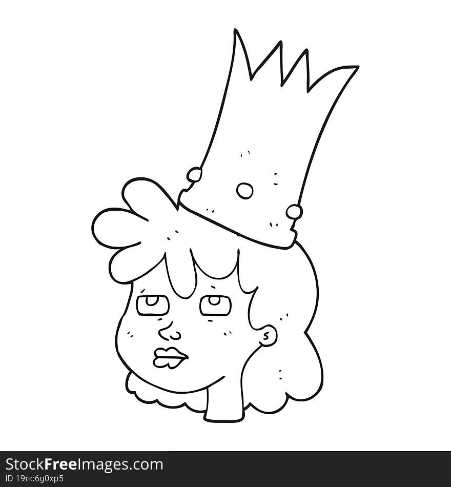 freehand drawn black and white cartoon queen with crown