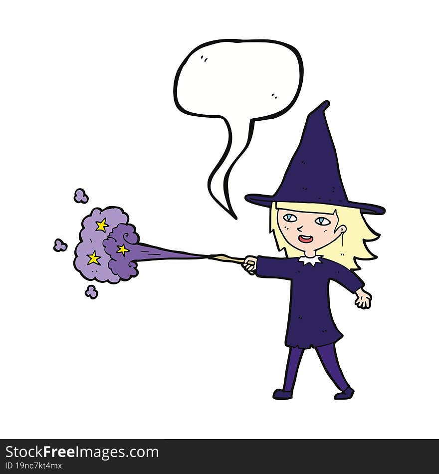 Cartoon Witch Girl Casting Spell With Speech Bubble