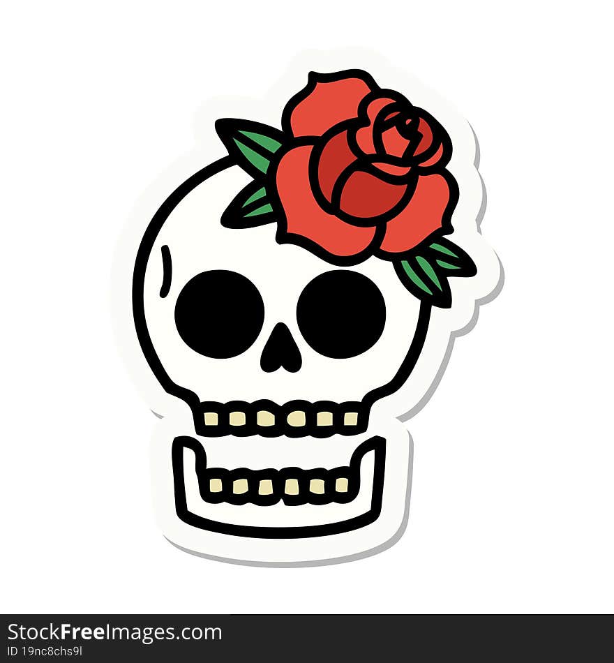 sticker of tattoo in traditional style of a skull and rose. sticker of tattoo in traditional style of a skull and rose