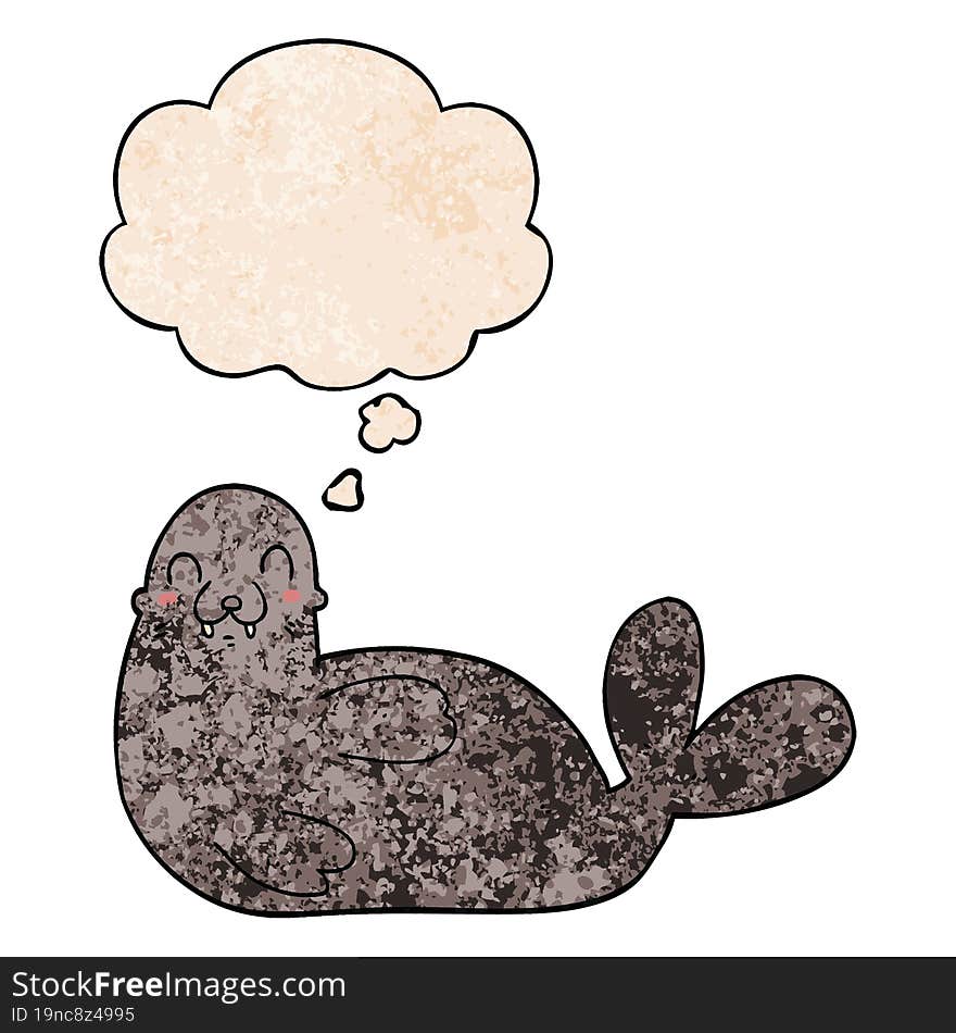 cartoon seal and thought bubble in grunge texture pattern style