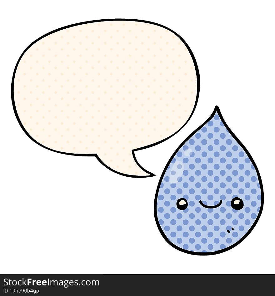 cartoon raindrop with speech bubble in comic book style