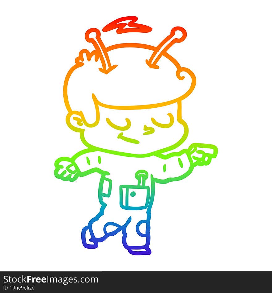 rainbow gradient line drawing friendly cartoon spaceman pointing