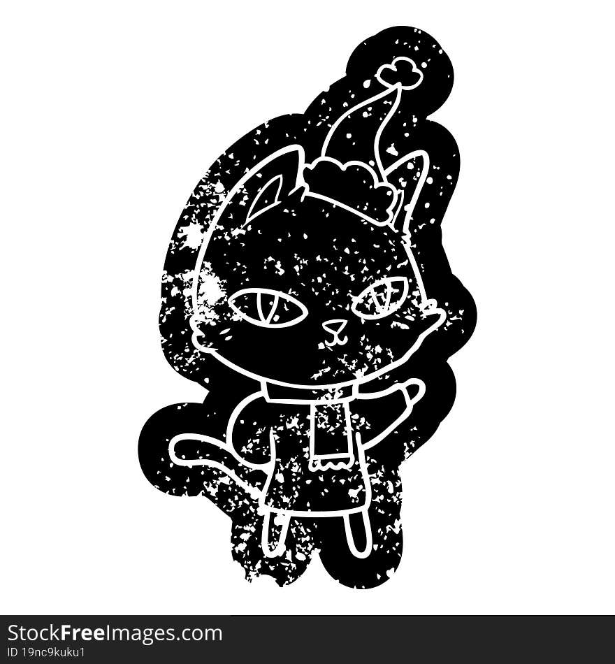 cartoon distressed icon of a cat staring wearing santa hat