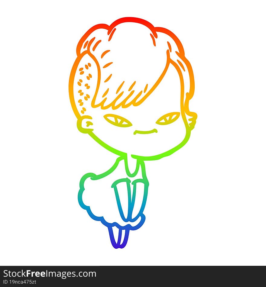 Rainbow Gradient Line Drawing Cute Cartoon Girl With Hipster Haircut