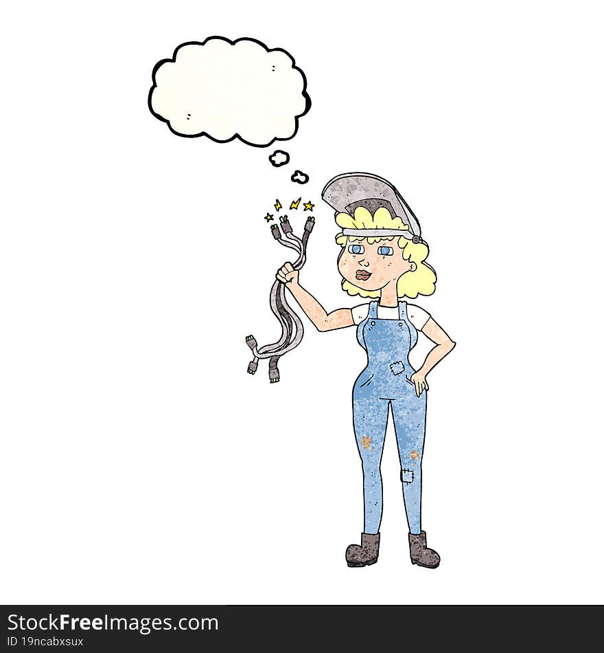 freehand drawn thought bubble textured cartoon electrician woman