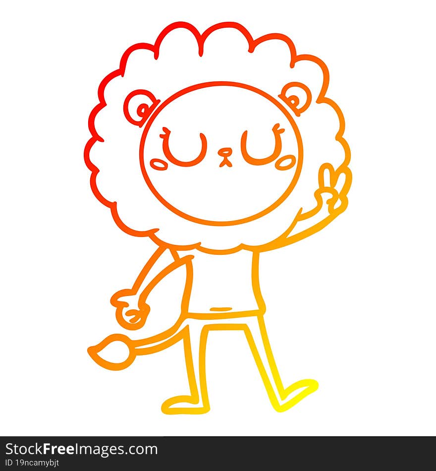 Warm Gradient Line Drawing Cartoon Lion Giving Peac Sign