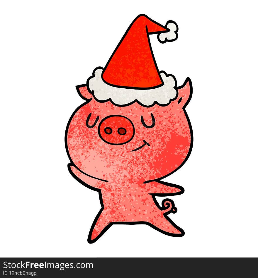 happy textured cartoon of a pig wearing santa hat