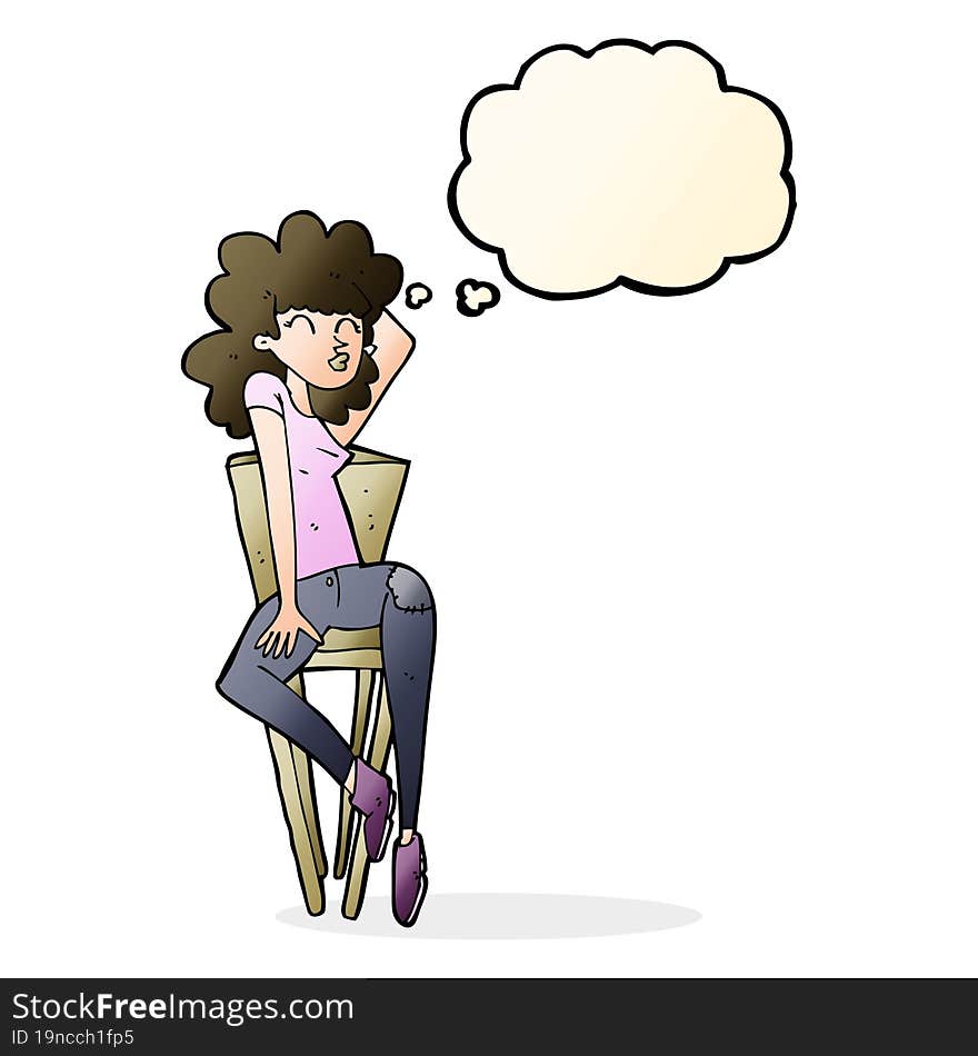 Cartoon Woman Posing On Chair With Thought Bubble