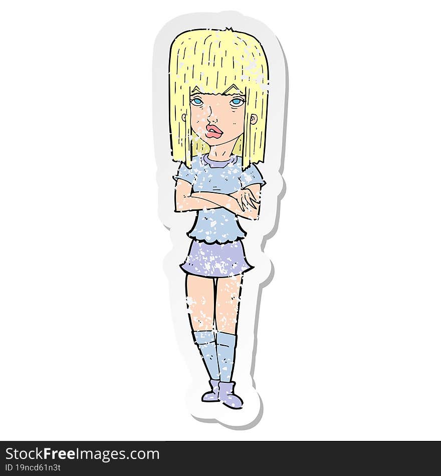 retro distressed sticker of a cartoon girl with crossed arms