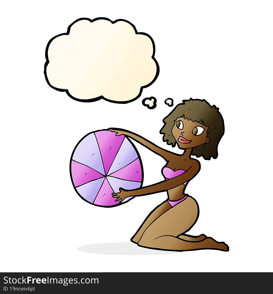 cartoon bikini girl with beach ball with thought bubble