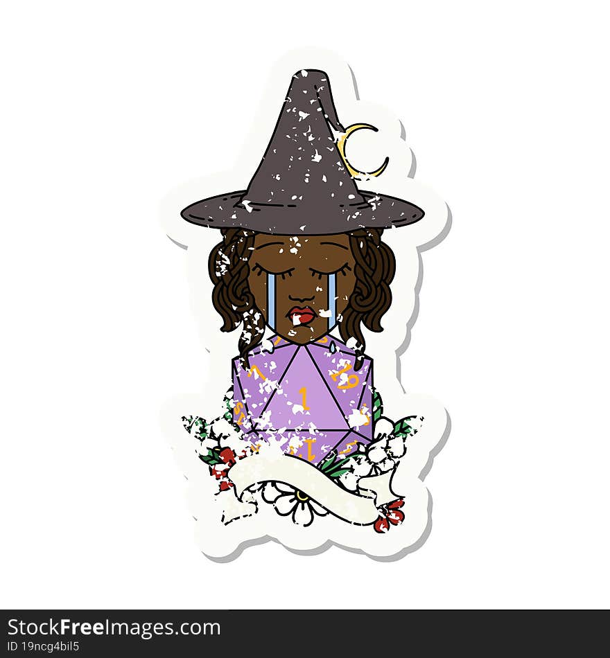 human witch with natural one D20 roll illustration