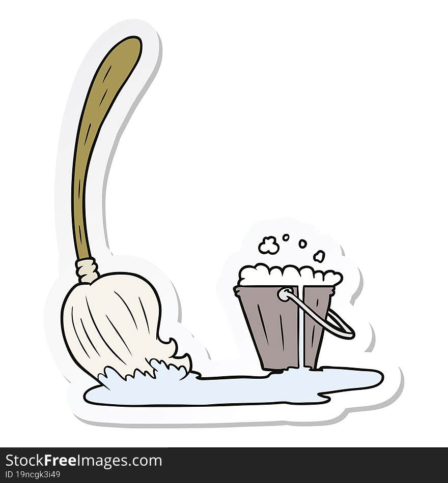 Sticker Of A Cartoon Mop And Bucket