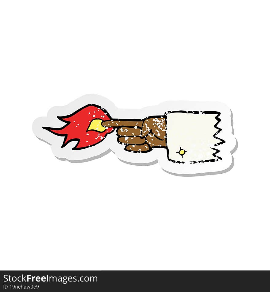 retro distressed sticker of a cartoon flaming pointing finger symbol