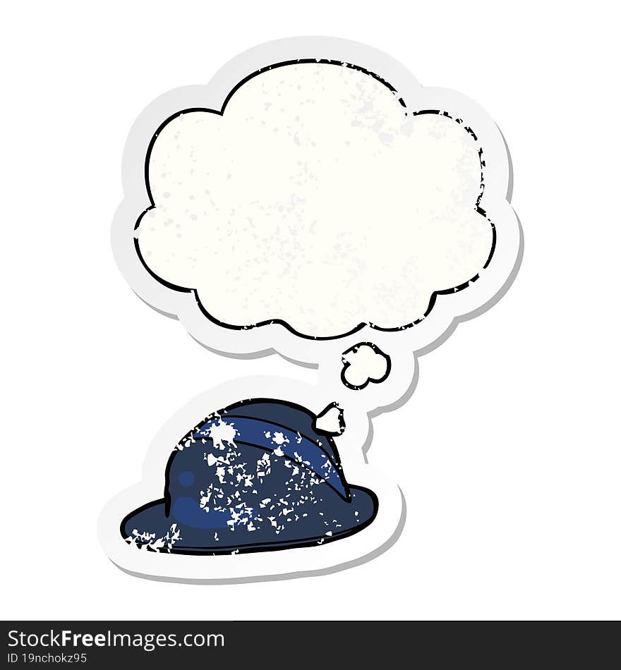 cartoon bowler hat and thought bubble as a distressed worn sticker