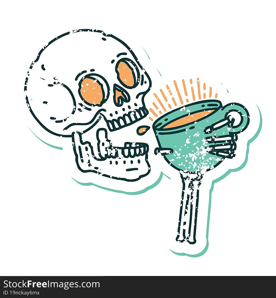 distressed sticker tattoo style icon of a skull drinking coffee