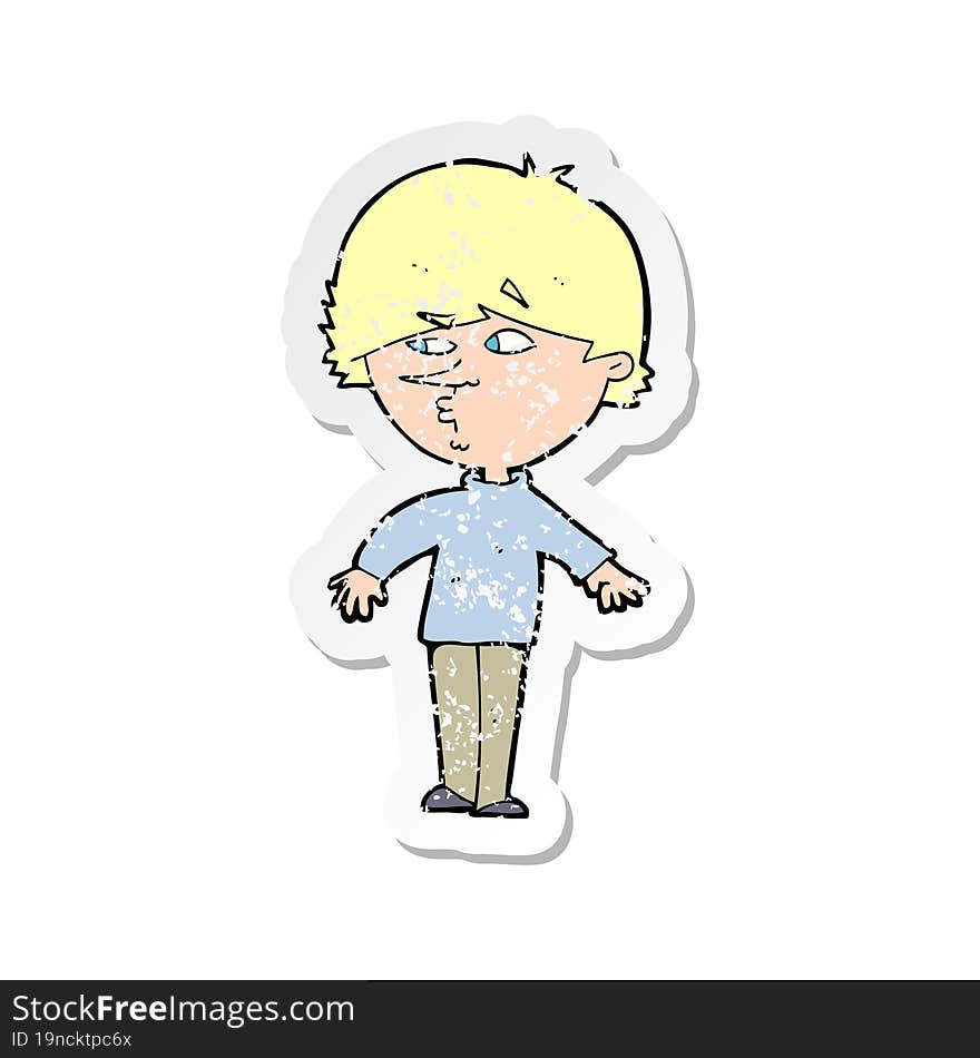 retro distressed sticker of a cartoon suspicious man looking over shoulder