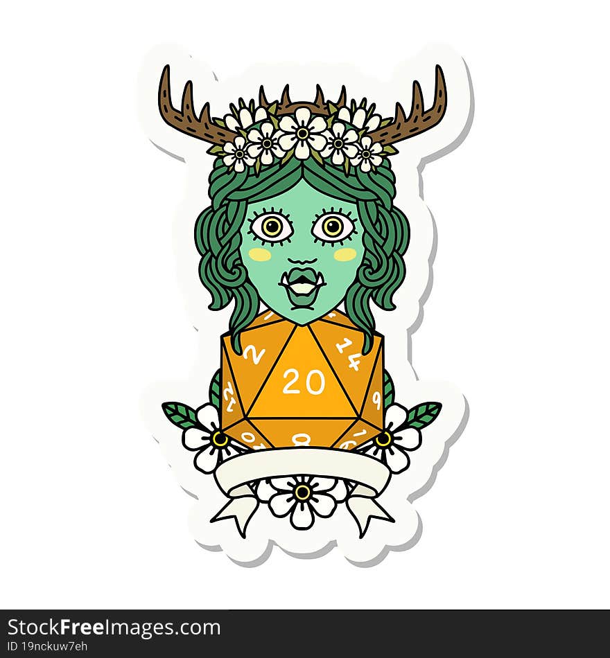 orc druid character with natural twenty dice roll sticker