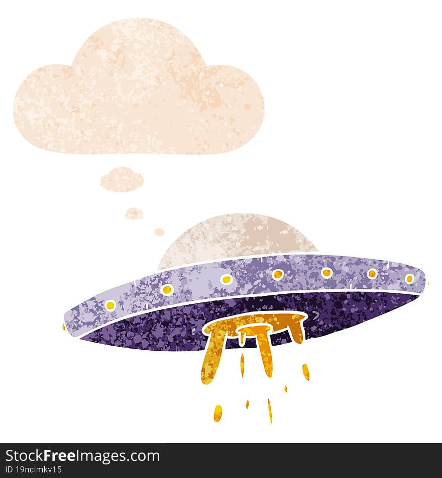 cartoon flying UFO and thought bubble in retro textured style