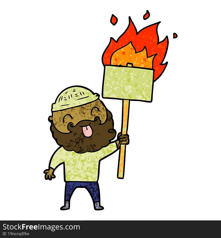 bearded protester cartoon with burning sign. bearded protester cartoon with burning sign