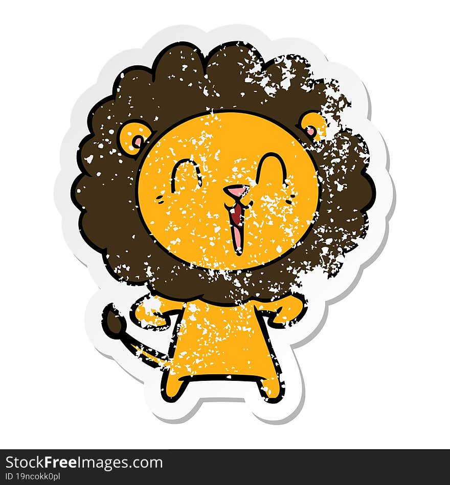 distressed sticker of a laughing lion cartoon