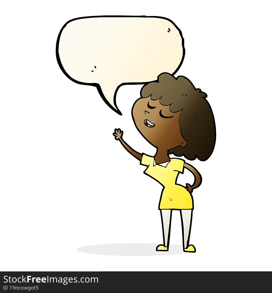 cartoon happy woman about to speak with speech bubble