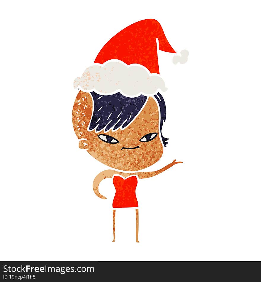 cute retro cartoon of a girl with hipster haircut wearing santa hat