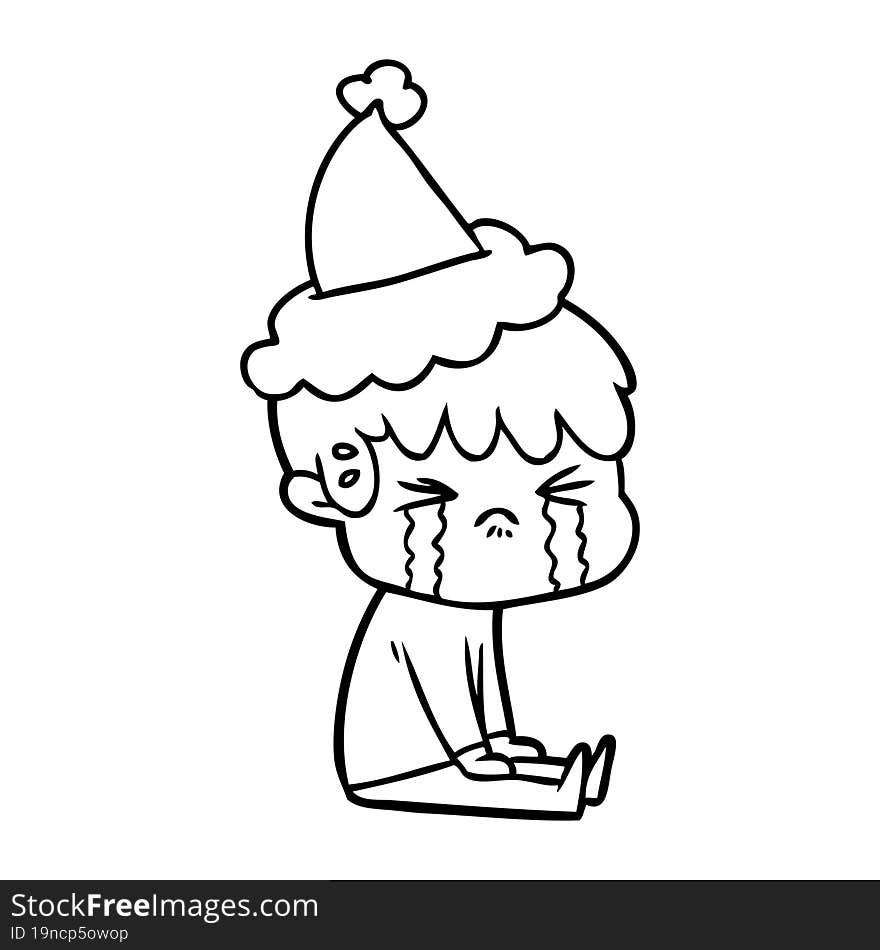 hand drawn line drawing of a boy crying wearing santa hat