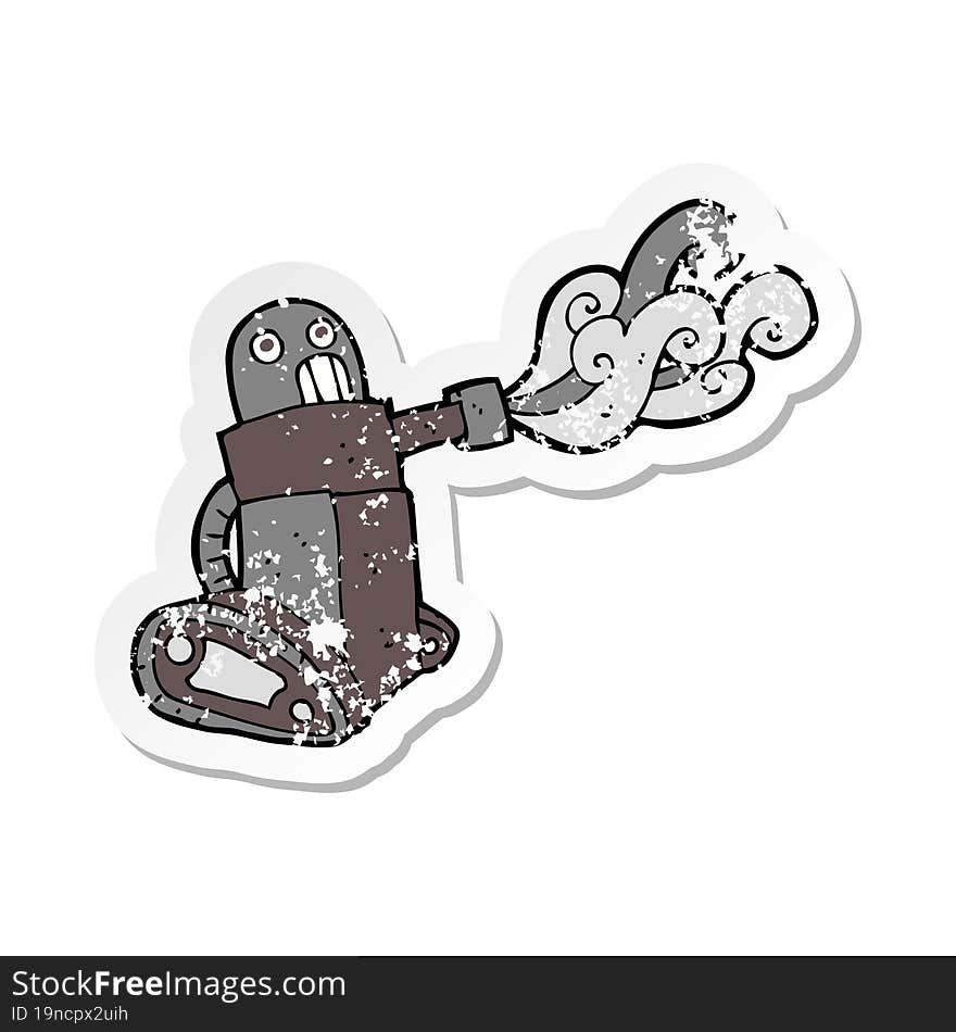 retro distressed sticker of a cartoon tank robot