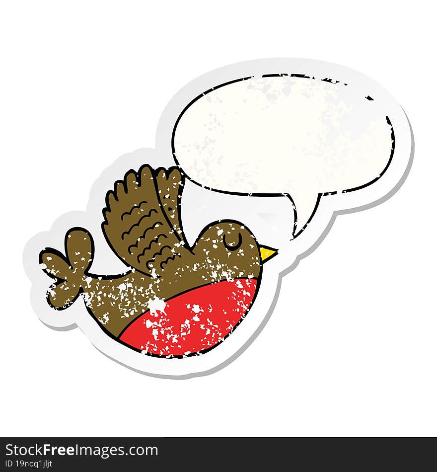 cartoon flying bird with speech bubble distressed distressed old sticker. cartoon flying bird with speech bubble distressed distressed old sticker