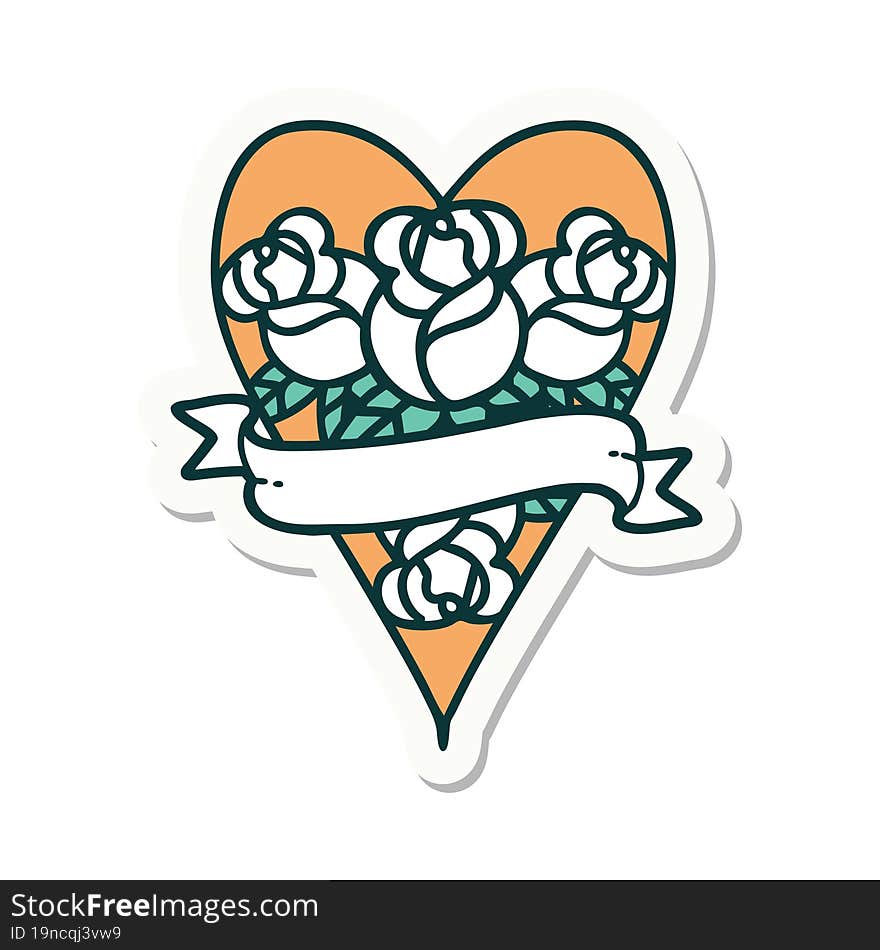 sticker of tattoo in traditional style of a heart and banner with flowers. sticker of tattoo in traditional style of a heart and banner with flowers