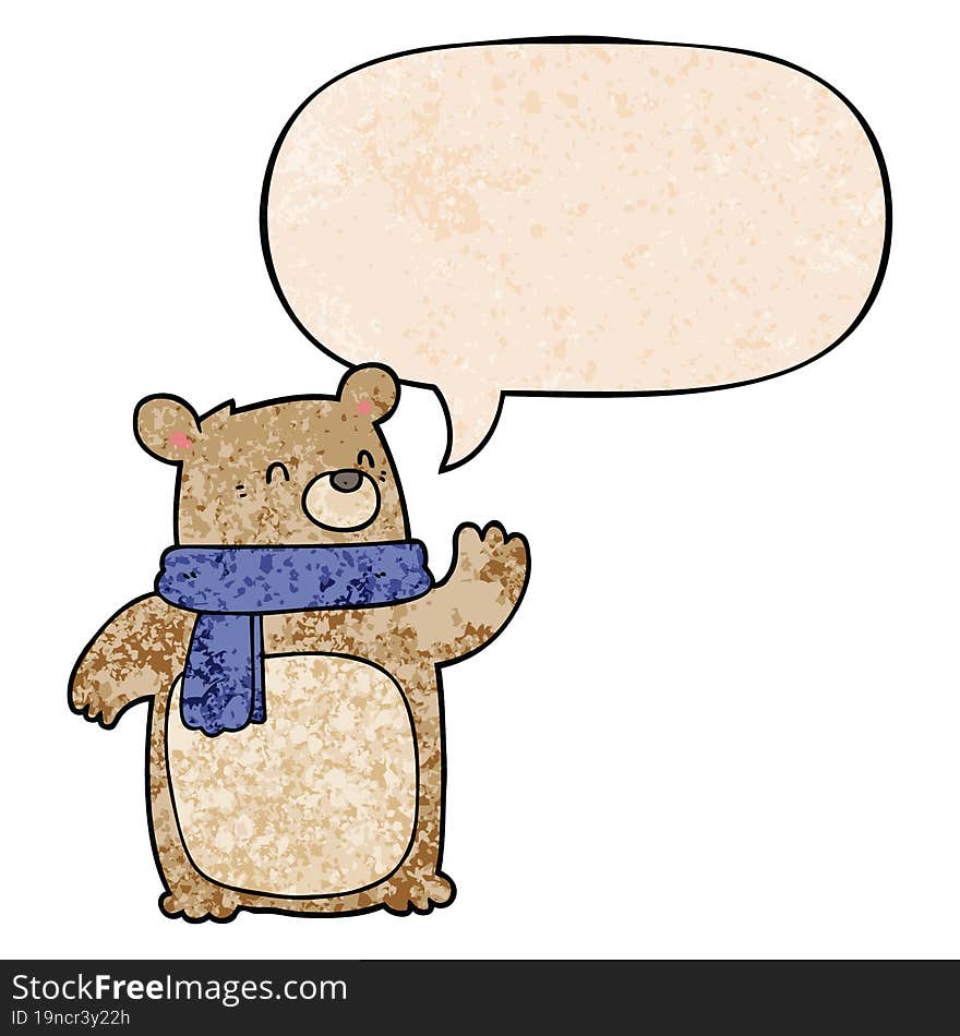 Cartoon Bear Wearing Scarf And Speech Bubble In Retro Texture Style