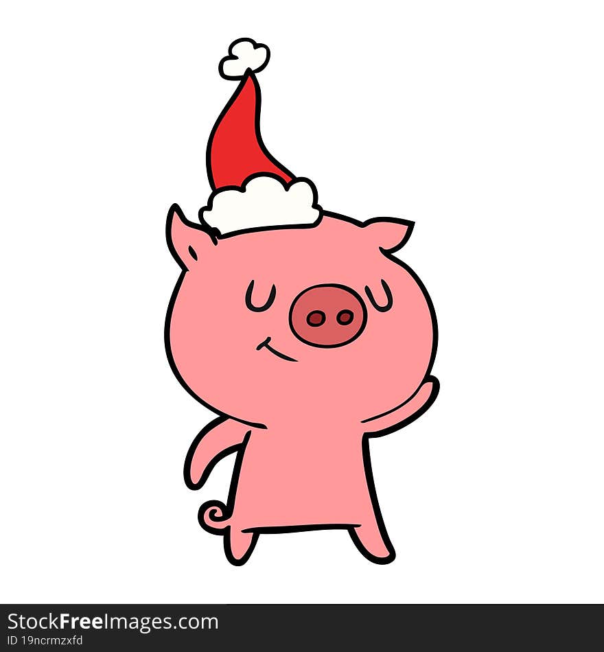 Happy Line Drawing Of A Pig Wearing Santa Hat